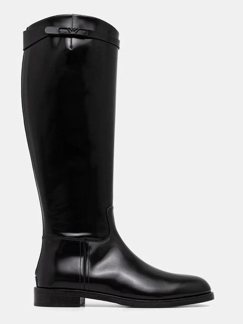 Emporio Armani kozaki skórzane damskie kolor czarny na płaskim obcasie EW002913 AF17517 UC001