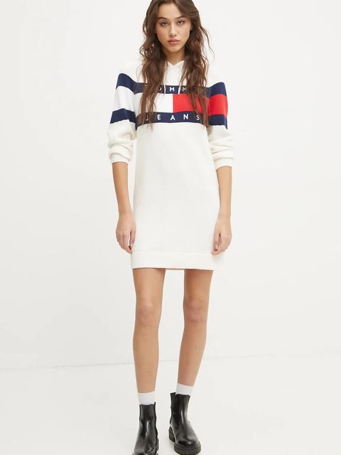 Tommy Jeans sukienka bawełniana kolor beżowy mini dopasowana DW0DW19470