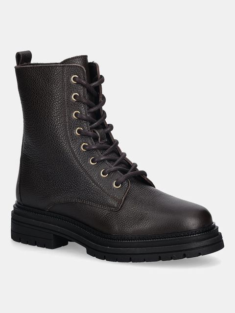 Tommy Hilfiger workery skórzane TH PLAQUE PEBBLE LACE BOOT damskie kolor brązowy na platformie lekko ocieplone FW0FW08767