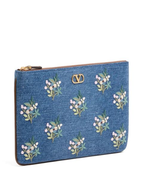 Valentino Garavani Vlogo Signature clutch bag in denim with floral embroidery - Blue