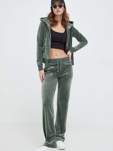 Juicy Couture bluza welurowa kolor zielony z kapturem gładka