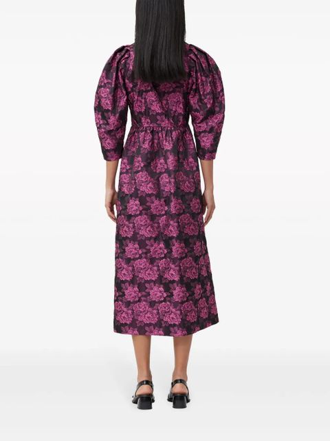 GANNI botanical-jacquard puff-sleeves midi dress - Pink