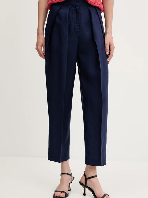 United Colors of Benetton spodnie z domieszką lnu damskie kolor granatowy proste high waist 45BVDF09B