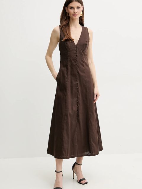 Bardot sukienka lniana CORDELIA kolor brązowy midi rozkloszowana 59808DB - zdjęcie produktu nr 1