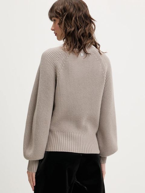 HUGO sweter z wełną damski kolor beżowy z półgolfem 50548292