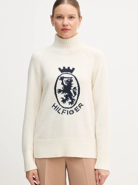 Tommy Hilfiger sweter z dodatkiem wełny damski kolor beżowy z półgolfem WW0WW46434