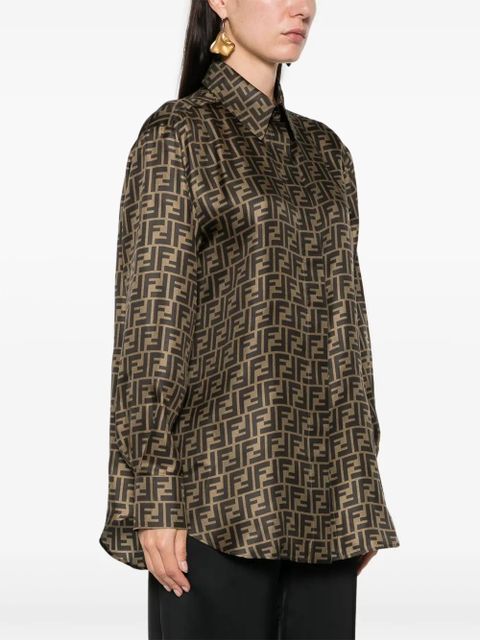 FENDI FF-logo print silk shirt - Brown