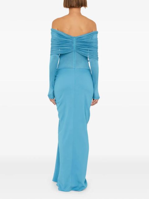 Christopher Esber Sonora Veiled off-shoulder ruched long dress - Blue