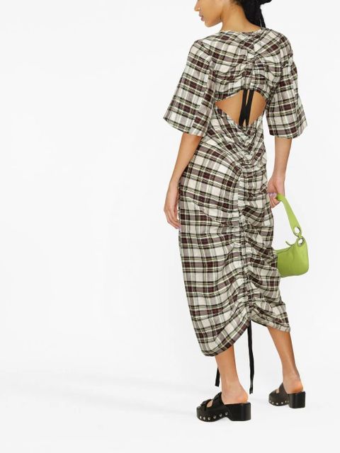 GANNI ruched plaid midi dress - Black