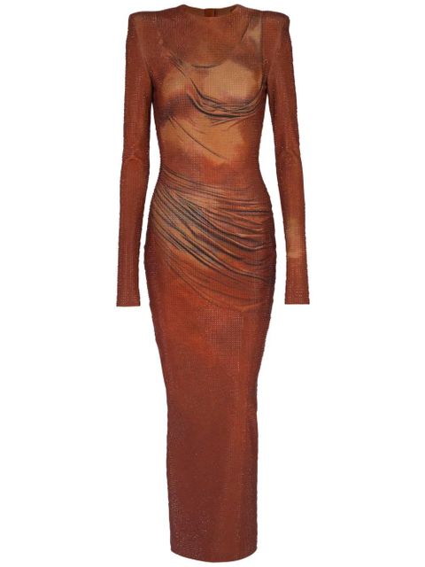 Balmain rhinestone-embellished printed maxi dress - Brown