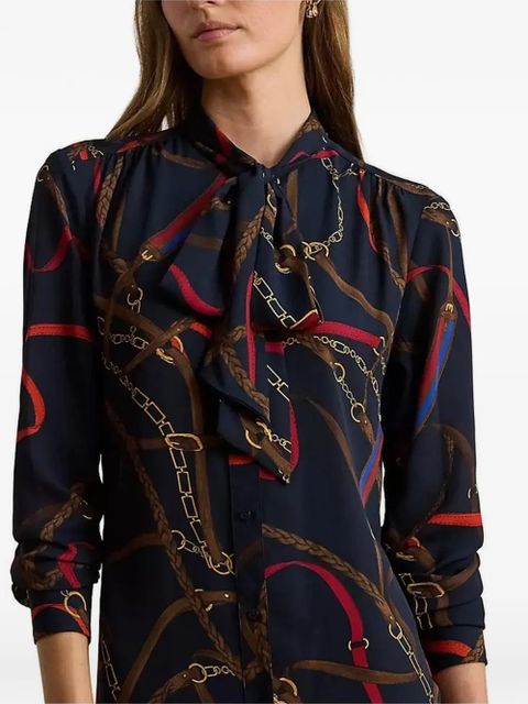 Lauren Ralph Lauren chain print tie neck midi dress - Blue