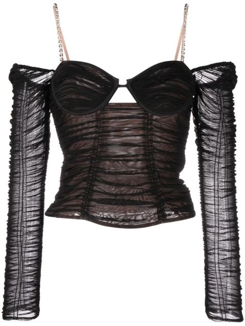 Self-Portrait crystal-embellished stretch-jersey top - Black - zdjęcie produktu nr 1