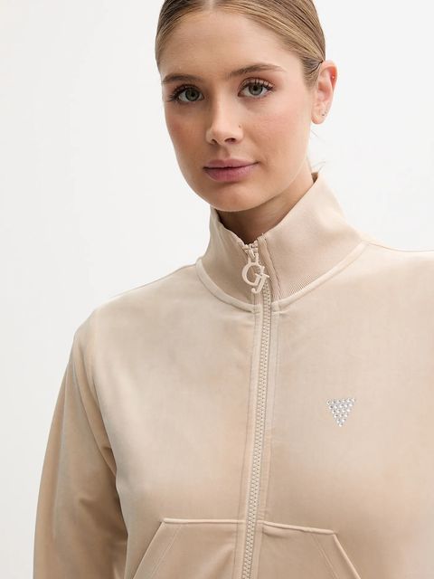 Guess bluza welurowa COUTURE damska kolor beżowy gładka V3BQ22 K0232
