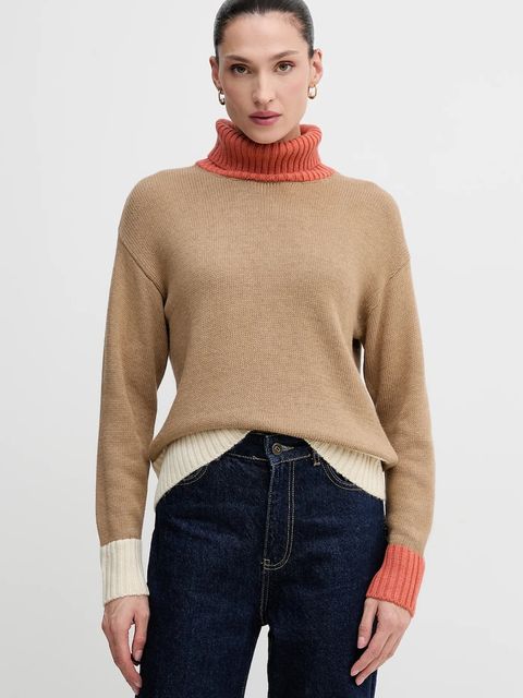 United Colors of Benetton sweter z dodatkiem wełny damski kolor beżowy z golfem 16YCE204I - zdjęcie produktu nr 1