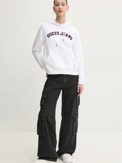 Guess Jeans bluza bawełniana damska kolor biały z kapturem z aplikacją W5RQ17 K68I4