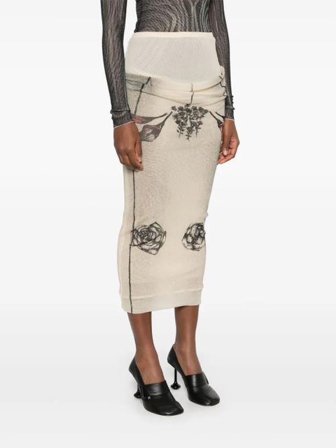 Jean Paul Gaultier Tattoo-print mesh midi skirt - Neutrals