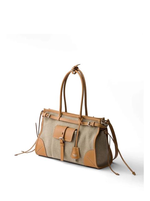 Prada Bonnie linen and leather tote bag - Neutrals