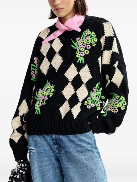 Essentiel Antwerp floral-embellished check-pattern sweater - Black