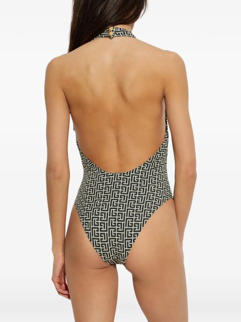 Balmain monogram-pattern halterneck swimsuit - Black