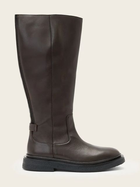 AllSaints kozaki skórzane Escher Rider Boot damskie kolor brązowy na płaskim obcasie W083FD - zdjęcie produktu nr 1