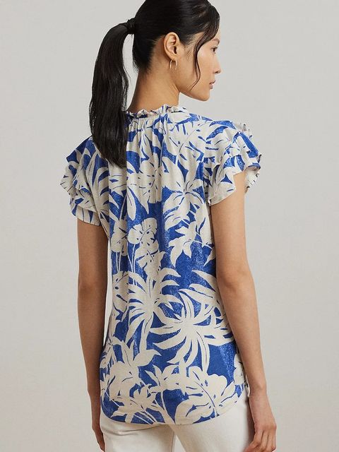 Lauren Ralph Lauren bluzka lniana damska kolor niebieski wzorzysta 200976992