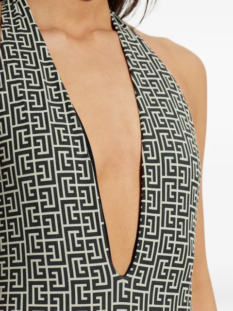 Balmain monogram-pattern halterneck swimsuit - Black