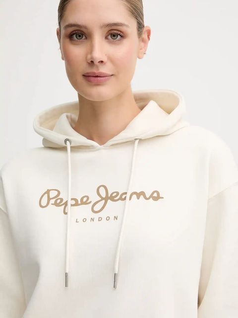 Pepe Jeans bluza damska kolor beżowy z kapturem z nadrukiem PL5800001