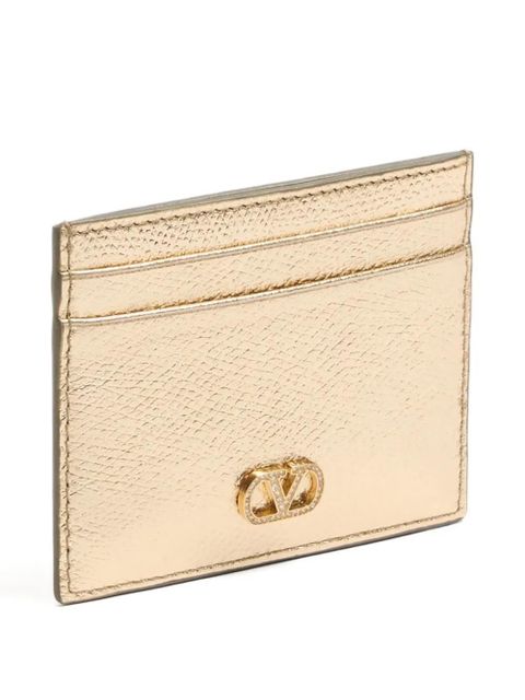 Valentino Garavani VLogo Signature card holder in laminated grainy calfskin with jewel logo - Gold