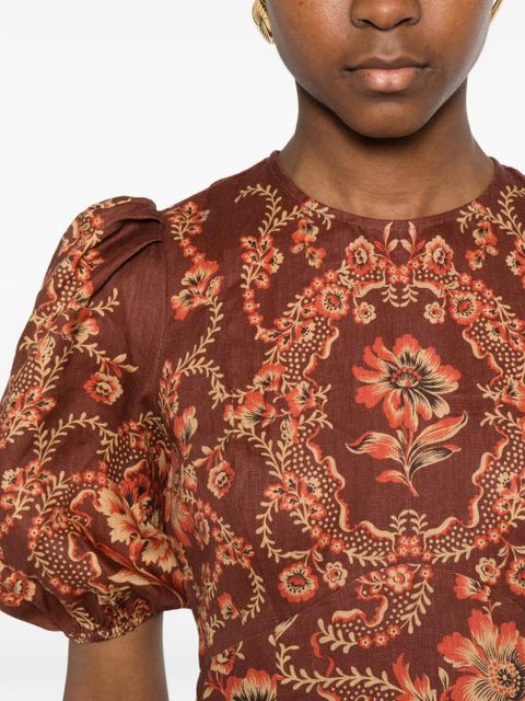 ALEMAIS Seraphina puff-sleeve floral midi dress - Brown