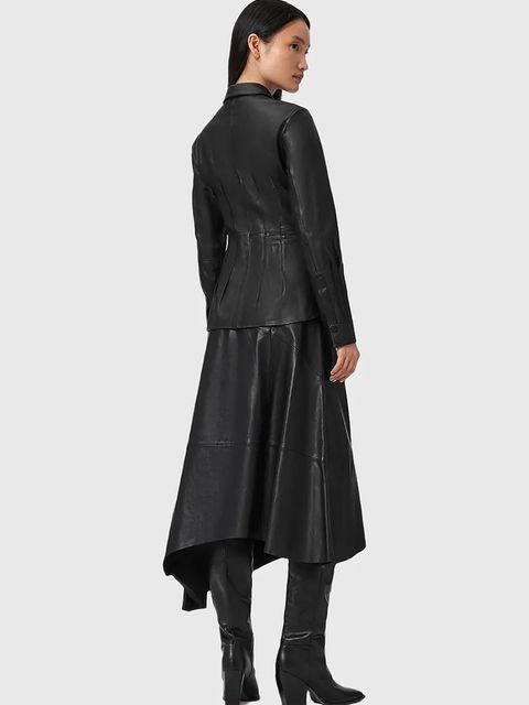 AllSaints spódnica skórzana kolor czarny midi rozkloszowana W073RD - zdjęcie produktu nr 2