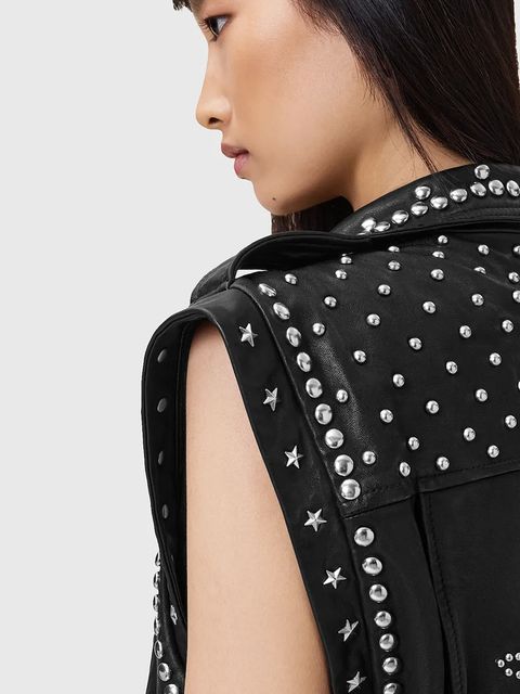 AllSaints bezrękawnik skórzany BILLIE kolor czarny przejściowa oversize W051LC