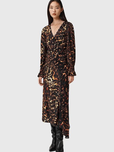 AllSaints sukienka z dodatkiem jedwabiu kolor brązowy midi rozkloszowana W102DD