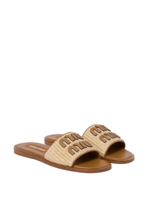 Miu Miu logo-patch raffia slides - Neutrals - zdjęcie produktu nr 2