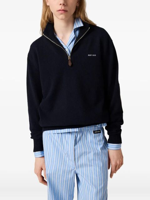 Miu Miu suede-patch half-zip sweater - Blue