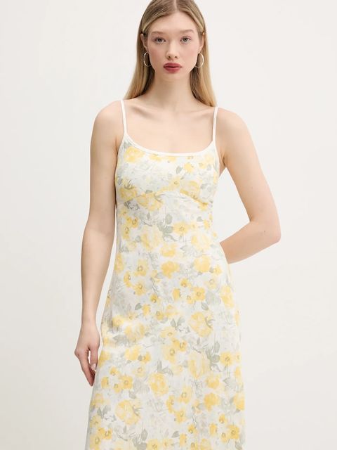 Hollister Co. sukienka lniana kolor żółty midi prosta KI359-5266