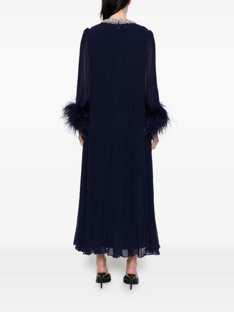 Self-Portrait feather-cuff pleated maxi dress - Blue