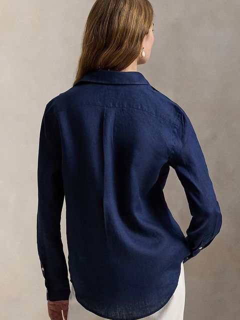 Polo Ralph Lauren koszula lniana kolor granatowy relaxed z kołnierzykiem klasycznym 211970730 - zdjęcie produktu nr 2