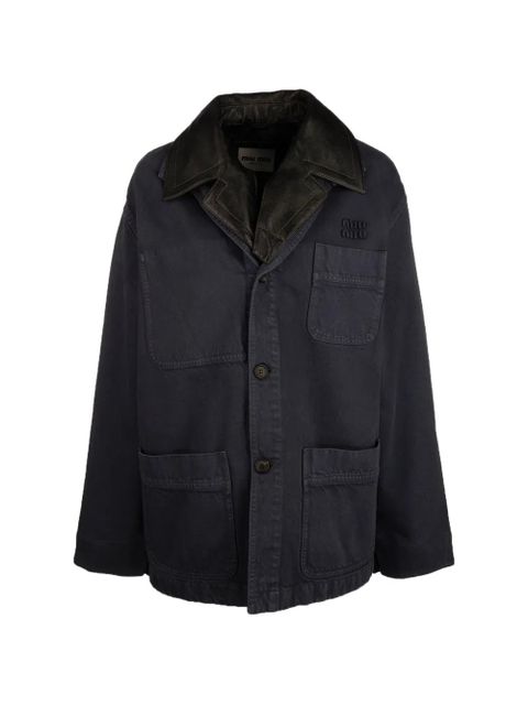 Miu Miu leather-collar logo-embroidered jacket - Blue - zdjęcie produktu nr 1