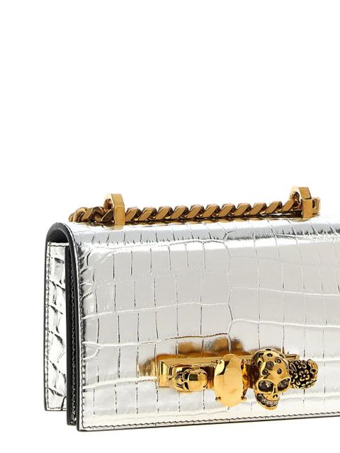 Alexander McQueen mini skull-embellished crocodile-effect crossbody bag - Silver