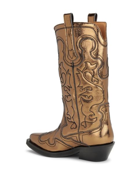 GANNI embroidered metallic-effect Western boots - Gold