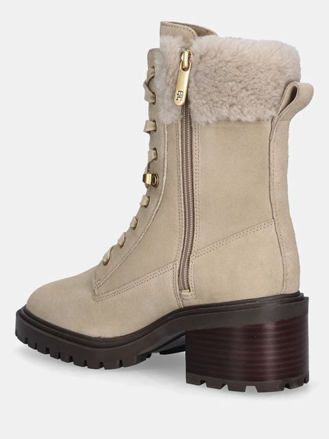 Tommy Hilfiger botki zamszowe TH SHEARLING LACE UP BOOT kolor beżowy na słupku lekko ocieplone FW0FW08999