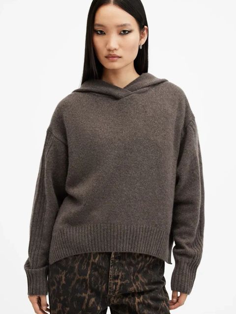 AllSaints bluza wełniana INES kolor brązowy z kapturem gładka W074KB