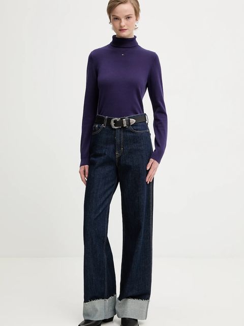 Tommy Jeans sweter bawełniany damski kolor fioletowy lekki z golfem DW0DW21672
