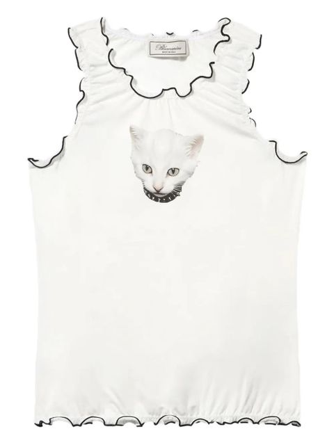 Blumarine cat-print ruffled T-shirt - White - zdjęcie produktu nr 1