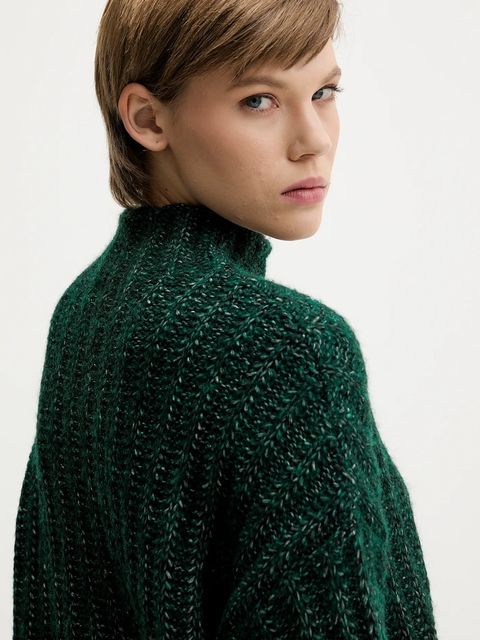 HUGO sweter z dodatkiem wełny damski kolor zielony ciepły z półgolfem 50550210