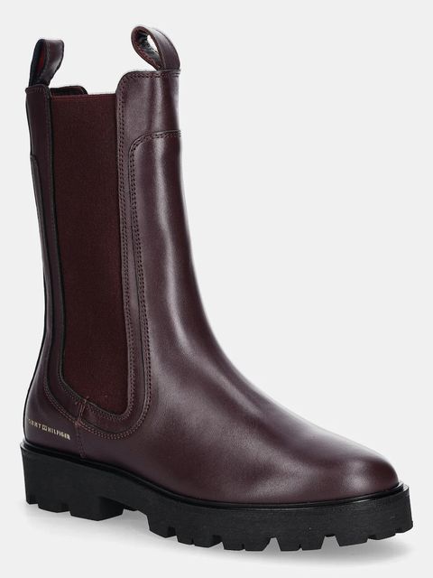Tommy Hilfiger sztyblety skórzane TH LTHR MID CHELSEA damskie kolor bordowy na płaskim obcasie FW0FW08770 - zdjęcie produktu nr 1