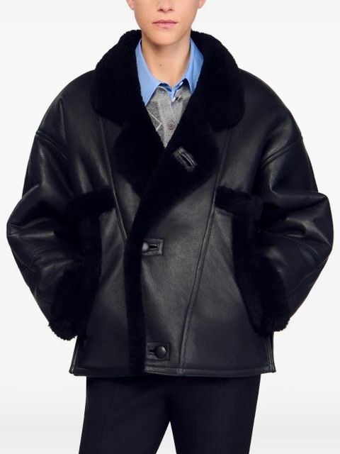 SANDRO shearling-trim leather coat - Black