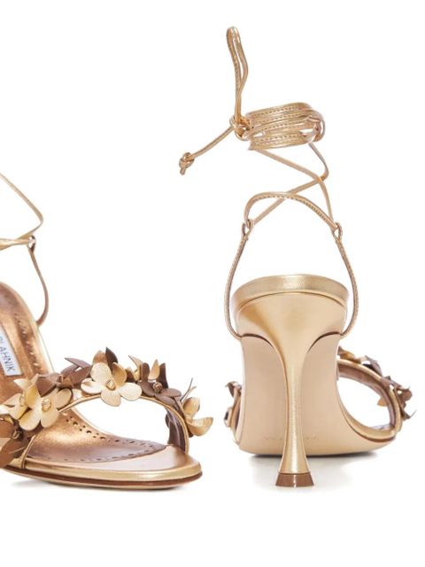 Manolo Blahnik 90mm Anista flower-embellished lace-up sandals - Yellow