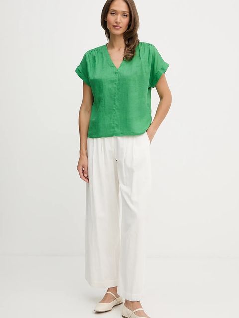 United Colors of Benetton bluzka lniana damska kolor zielony gładka 5BMLDQ0BR