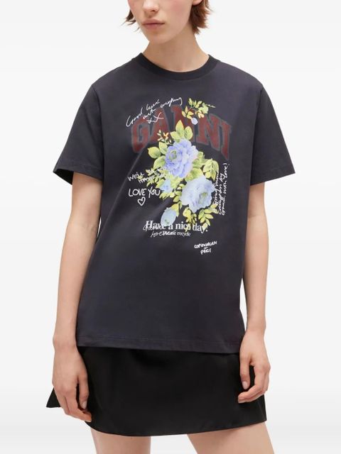 GANNI floral-print graphic T-shirt - Grey